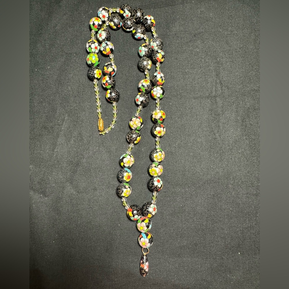 Vintage Chinese Cloisonne Enamel Bead Necklace W/ Floral Design
